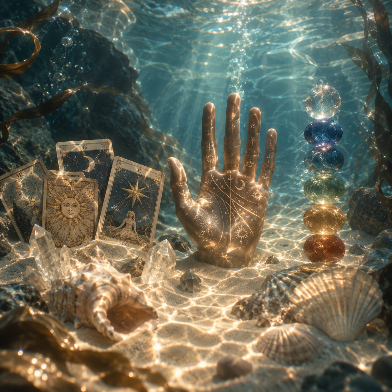 Tarot cards, crystal and candlelight layered on ivory linen