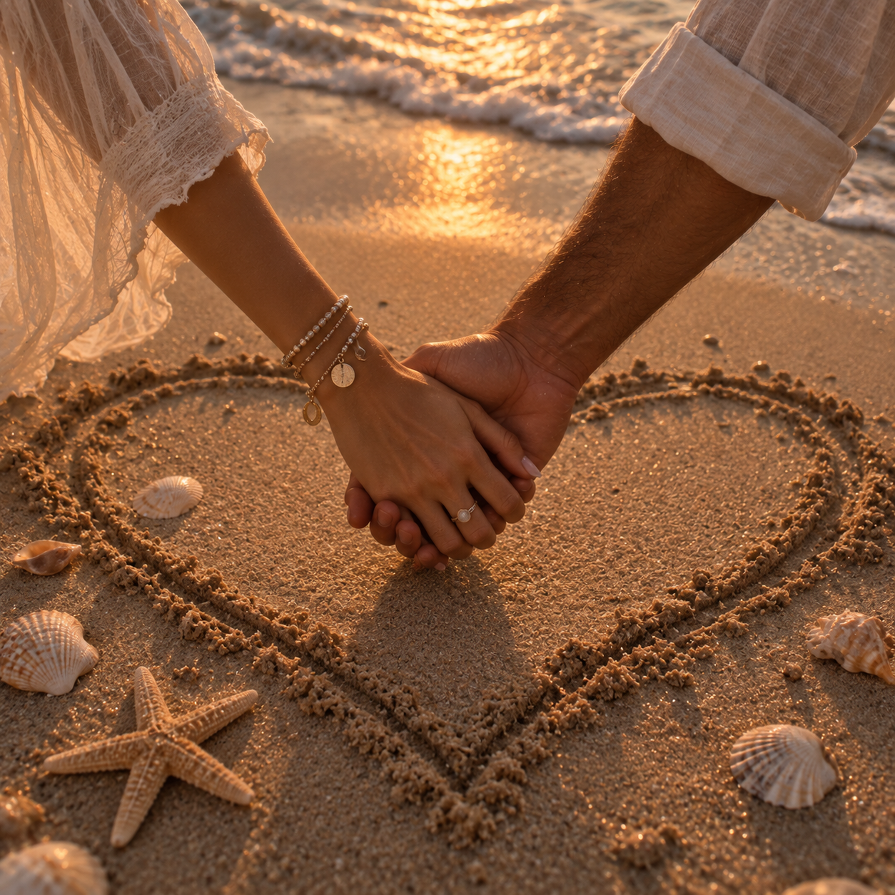 Two people holding hands across a softly lit linen table