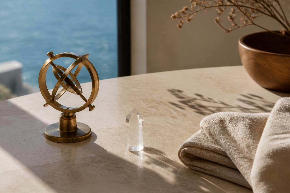 Clear quartz and a subtle directional instrument in coastal light