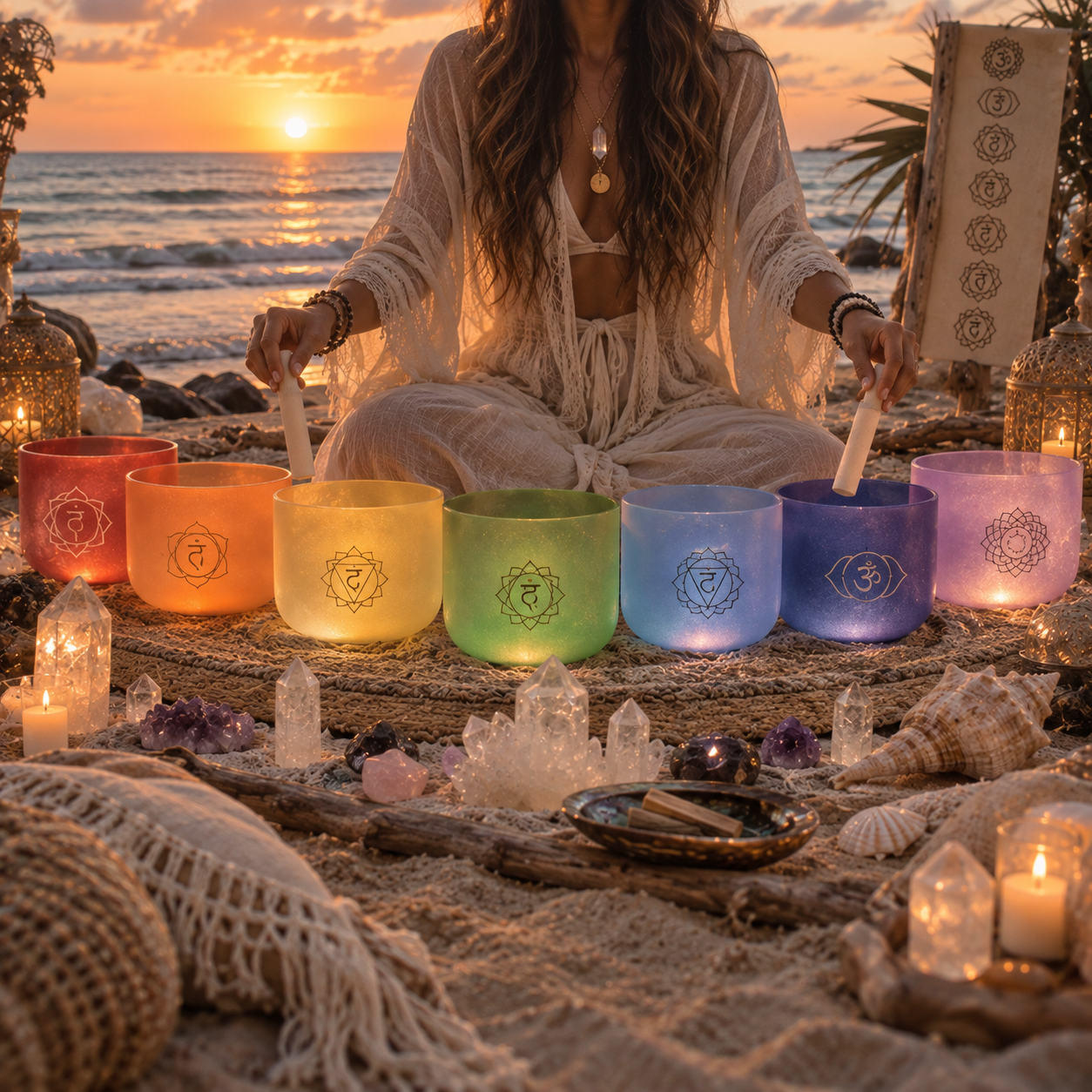 Singing bowl, incense and crystal in a warm coastal studio