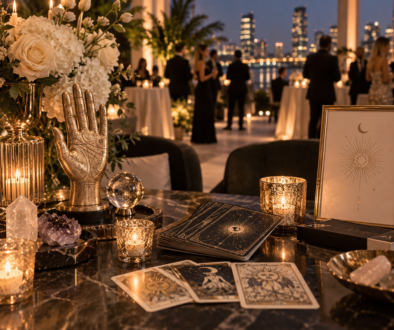 Tarot cards, candle and quartz prepared for a private gathering