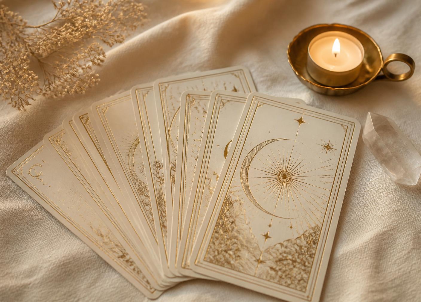 Cream and gold tarot cards on ivory linen with a brass candle and quartz