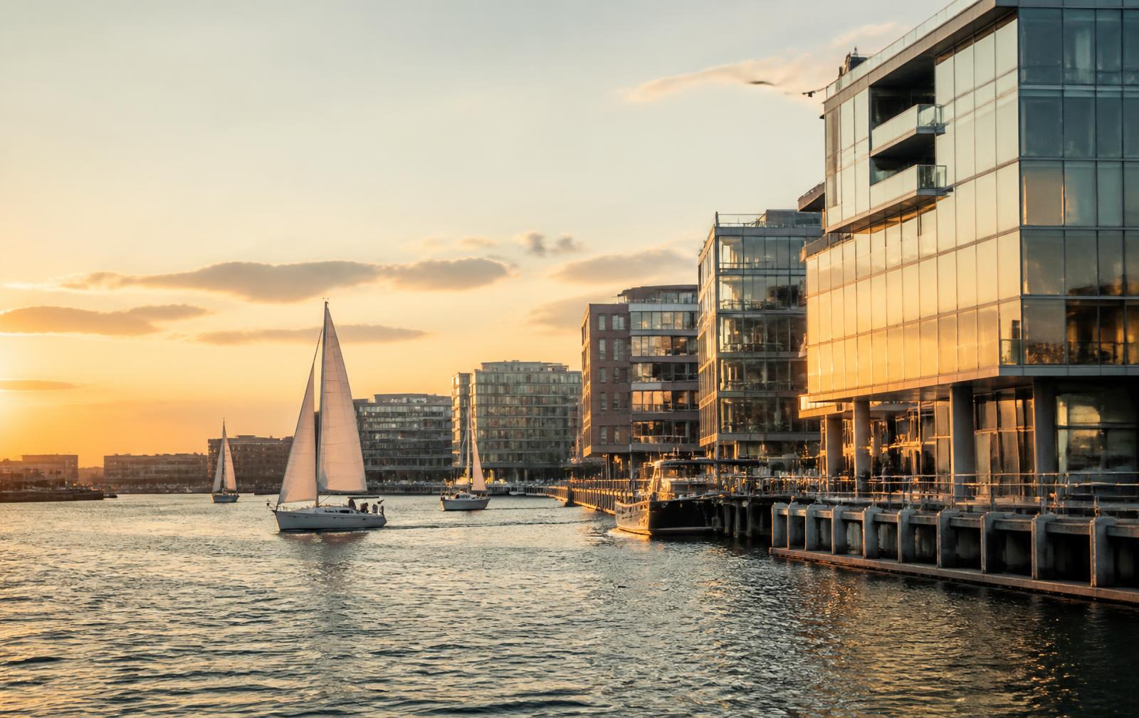 Boston Seaport waterfront at golden hour